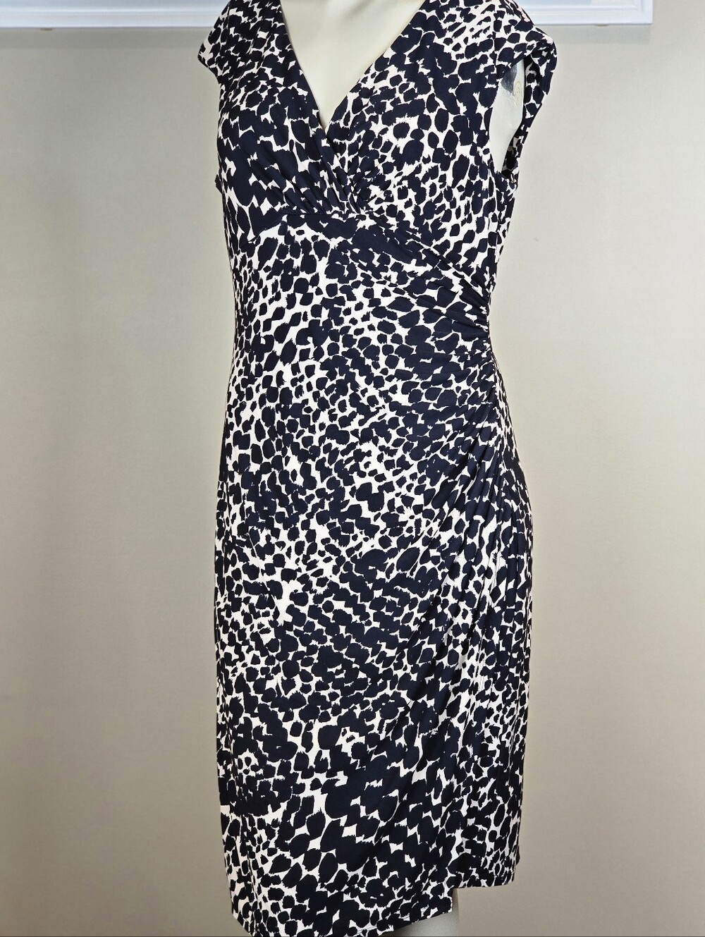 Lauren Ralph Lauren Ruched Cross V-Neck Spotted Sheath Bodycon Dress